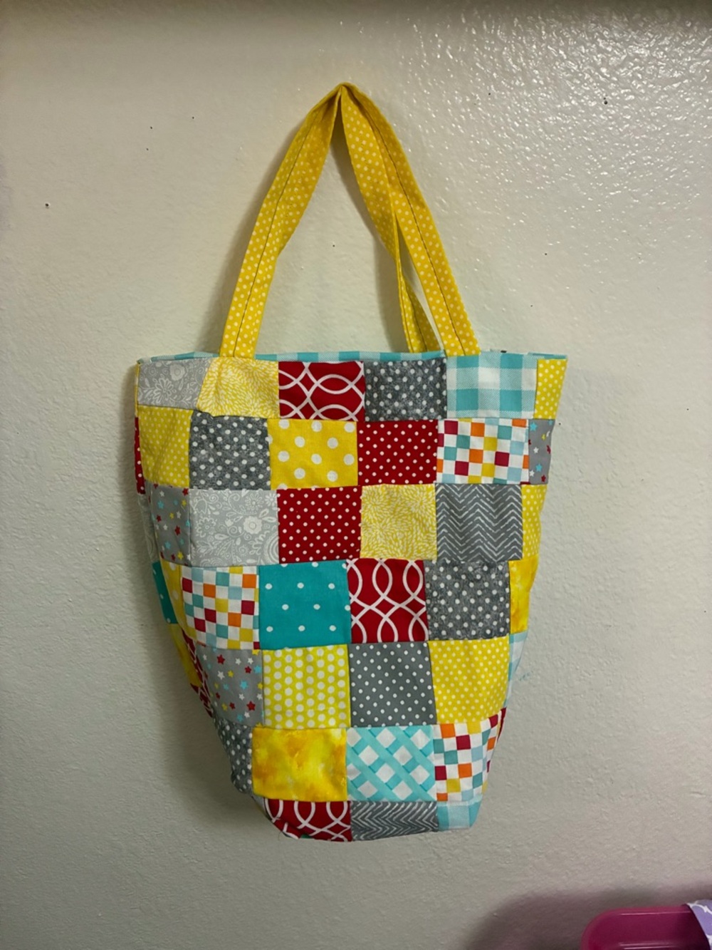 Handmade Patchwork Quilted Tote Bag in Yellow, Red, Teal & Gray
